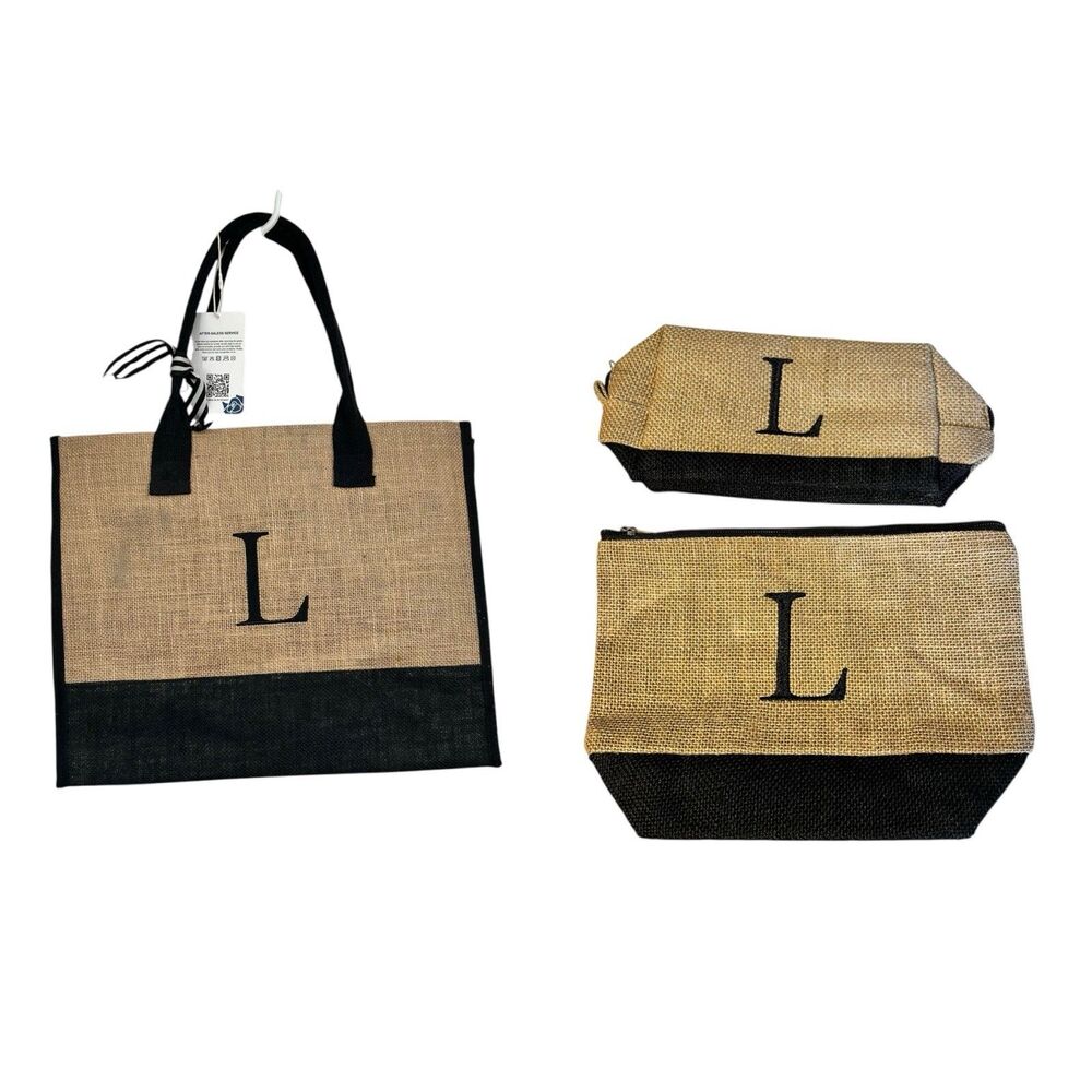 YOOLIFE Initialed “L" Embroidery Jute Tote Makeup Bag Monogram Vacation Resort